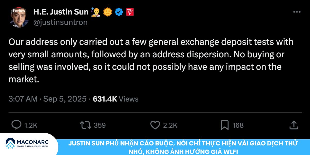 Justin Sun phủ nhận cáo buộc, nói chỉ thực hiện vài giao dịch thử nhỏ, không ảnh hưởng giá WLFI